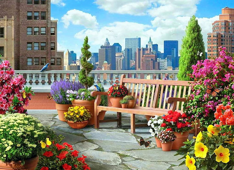 ✫Rooftop of Garden✫, architecture, gardening, digital art, seasons, paintings, flowers, cities, drawings, butterfly designs, animals, love four seasons, birds, places, creative pre-made, butterflies, spring, skyscrapers, rooftop, building, plant pots, HD wallpaper