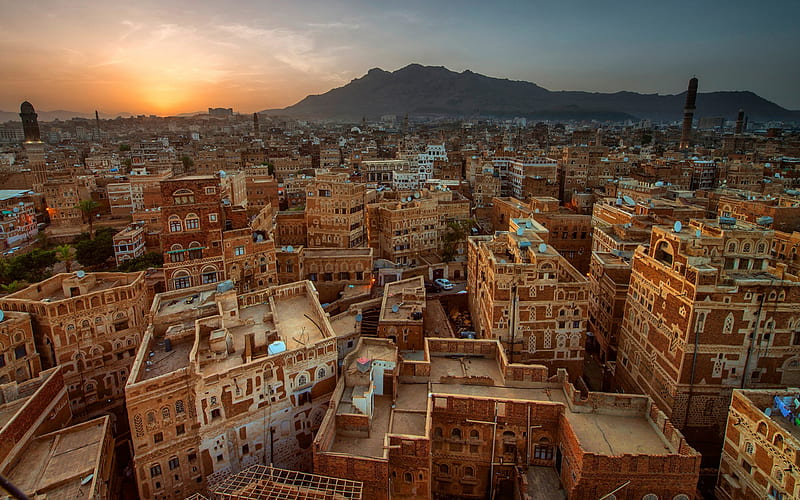 Sanaa, capital of Yemen, houses, eastern architecture, evening, sunset, residential buildings, Yemen, The Arabian Peninsula, HD wallpaper