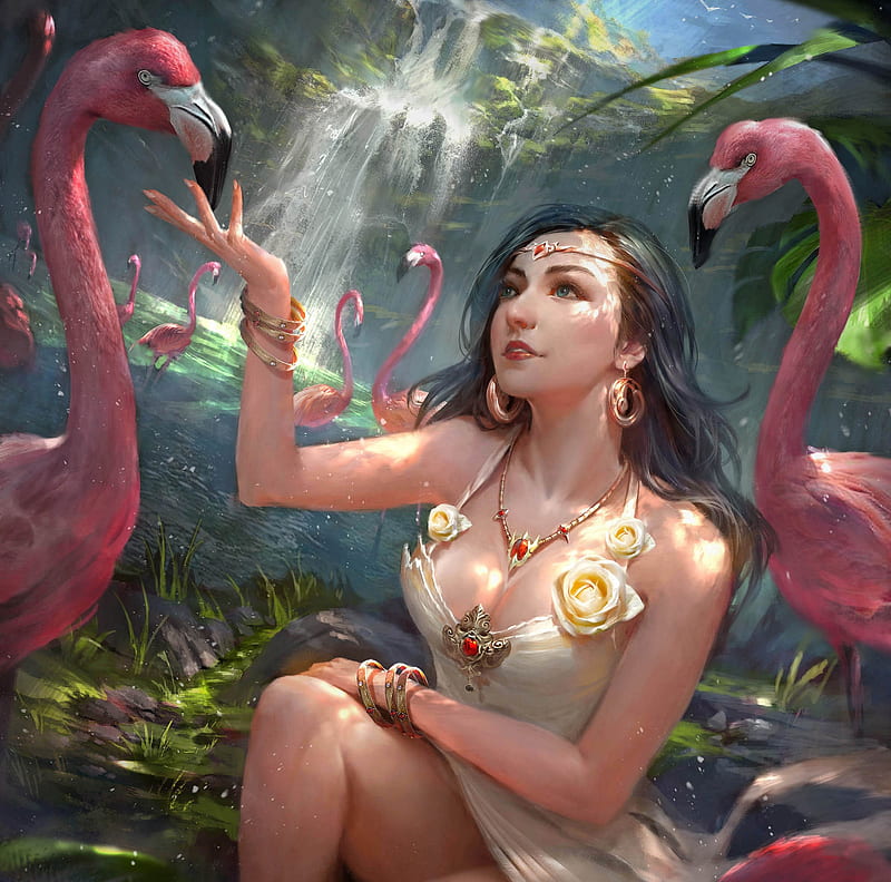 Battle Goddess and flamingos, frumusete, luminos, pasare, goddess, fajareka setiawan, flamingo, bird, girl, pink, HD wallpaper