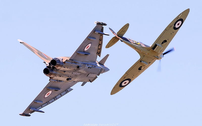 British Typhoon and Spitfire MK, aircraft, british, military, spitfire, typhoon, HD wallpaper