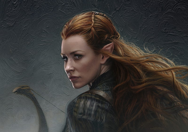 Tauriel, art, the hobbit, frumusete, elf, fantasy, actress, girl, Evangeline Lilly, painting, pictura, HD wallpaper