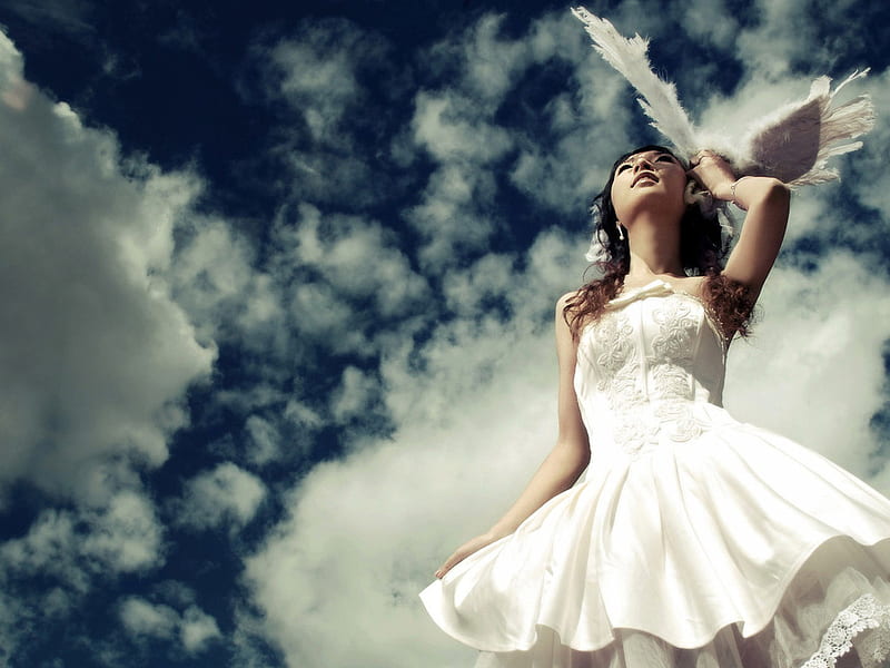 Dove girl, dress, girl, dove, white, sky, HD wallpaper | Peakpx