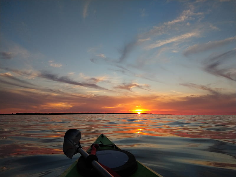 boat, sunset, horizon, canoe, sky, HD wallpaper