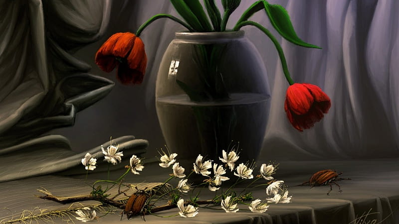 Affectionate, vase, table, flowers, popies, HD wallpaper