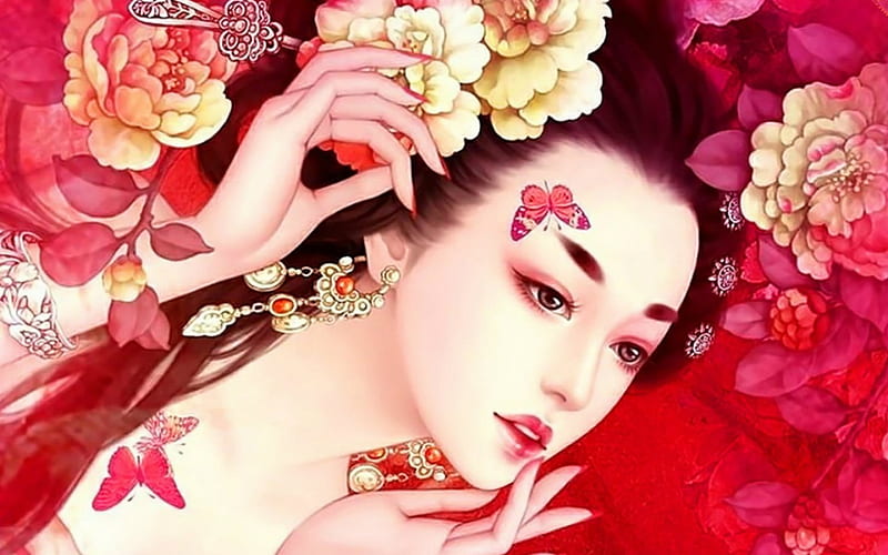 Oriental Beauty, art, flowers, woman, oriental, HD wallpaper | Peakpx