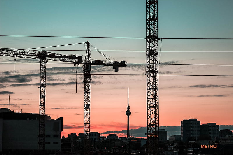 silhouette of crane trucks, HD wallpaper