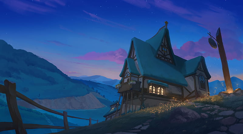 house, mountains, river, night, art, HD wallpaper