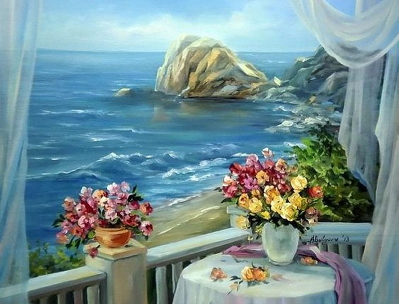 romantic balcony, art, paintings, romance, flowers, beauty, sea, HD wallpaper