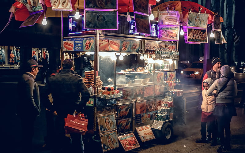 food, truck, hotdog, night, city, dark, HD wallpaper