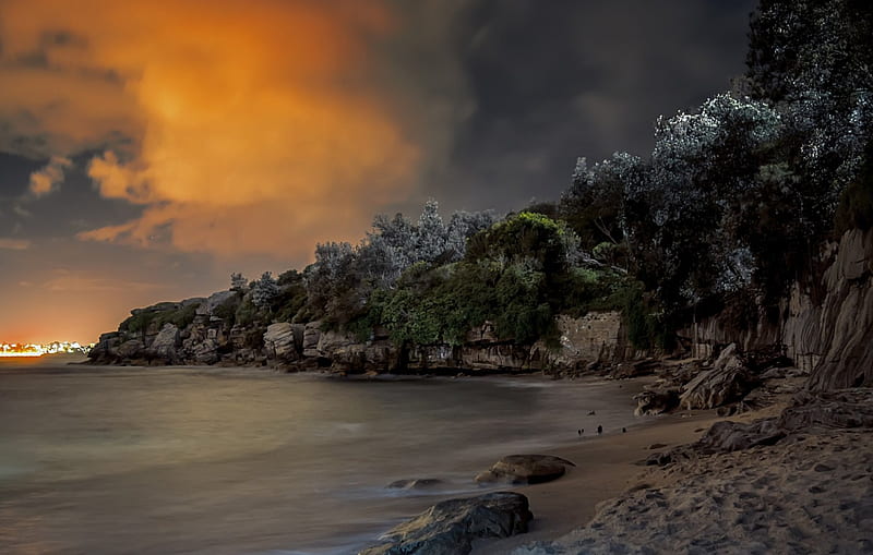 Night at the bay, rocks, sand, cliff, trees, clouds, landscape, HD wallpaper