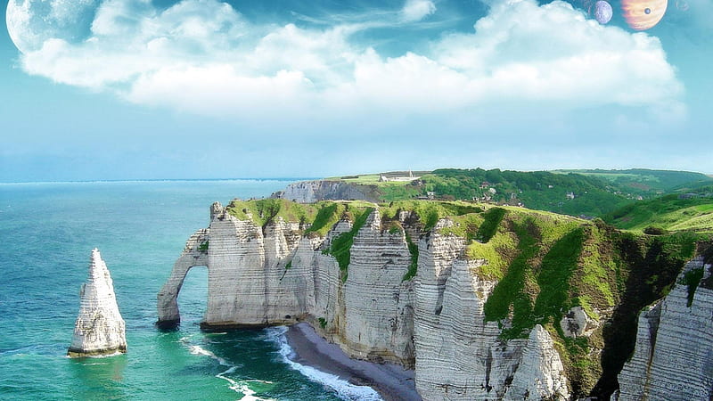 Alabaster coast, France, Coast, Forest, Chalk, Grass, Sea erosion, Cliffs, HD wallpaper