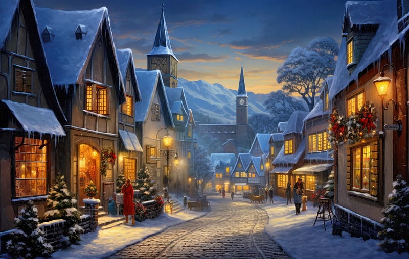 Christmas eve, winter, art, mood, eve, beautiful, houses, walk, holiday, lights, holy, snow, christmas, street, evening, countryside, village, HD wallpaper