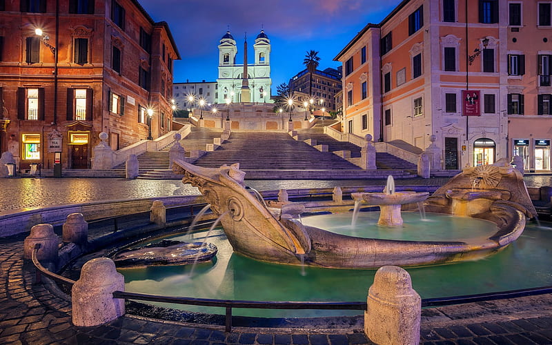 Fontana della Barcaccia, evening, city lights, Spanish Steps, attractions, Rome, Italy, HD wallpaper