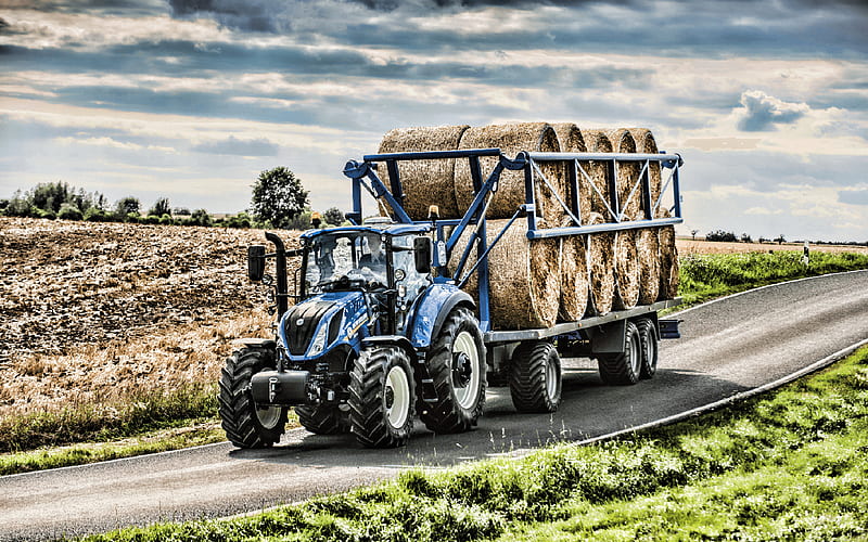 New Holland T5 120 hay transportation, 2019 tractors, agricultural machinery, R, tractor on road, agriculture, harvest, New Holland Agriculture, HD wallpaper