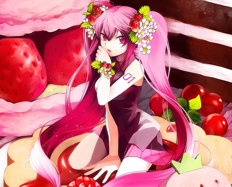 Strawberry Miku, cake, strawberry, hatsune miku, fruit, anime, hot, anime girl, vocaloids, long hair, pink, sakura miku, vocaloid, female, food, miku, twintails, sexy, cute, girl, pink hair, HD wallpaper