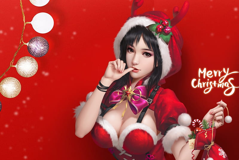 Christmas girl, cai dongyan, red, fantasy, craciun, christmas, girl, card, HD wallpaper