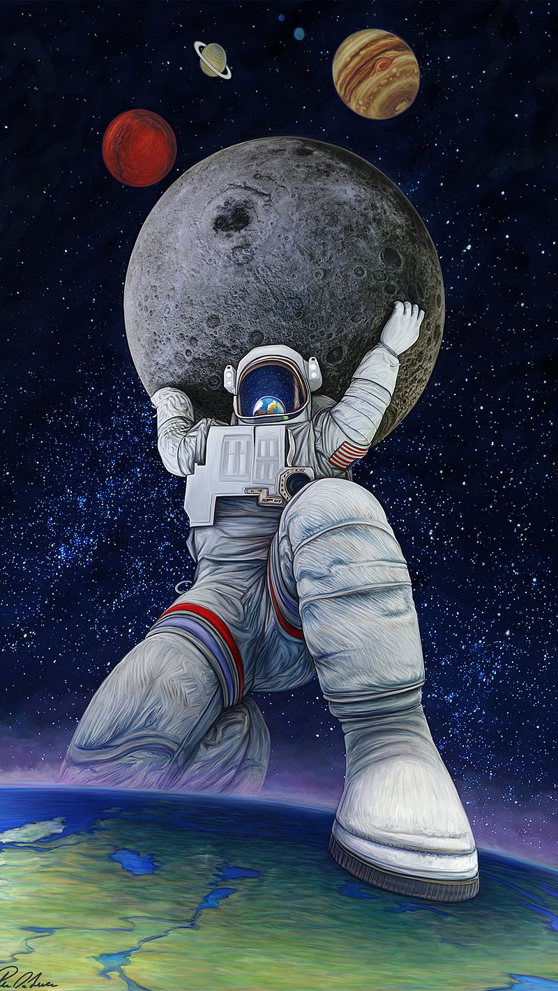 Astronaut Holding The Moon Art , space, planets, giant, HD phone wallpaper