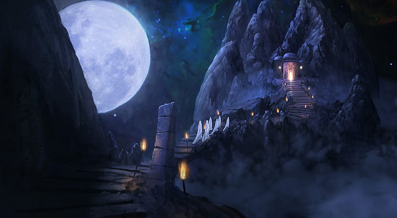 The Moon Observatory, art, world, moon, fantasy, luminos, moon, blue, night, frumusete, HD wallpaper