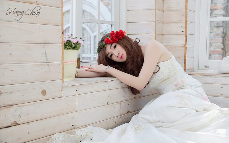 Beauty Bride, window, pose, bride, wedding, brunette, girl, flowers, asian, beauty, HD wallpaper