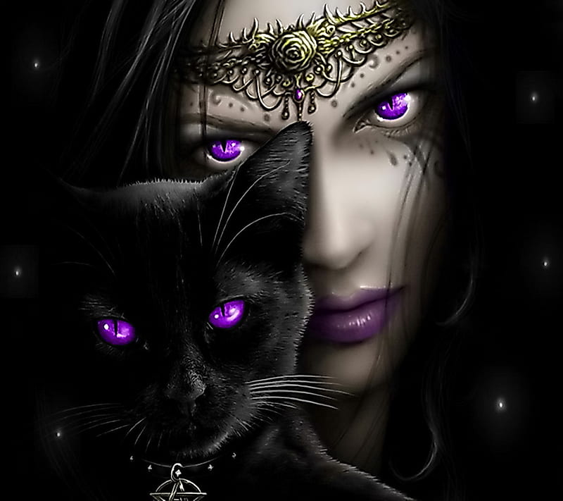Purple Eyes, cat, fantasy, girl, mysterious, HD wallpaper