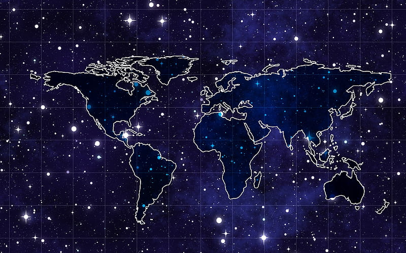 blue world map, starry sky, world map concept, art, creative, world map on blue background, world maps, HD wallpaper