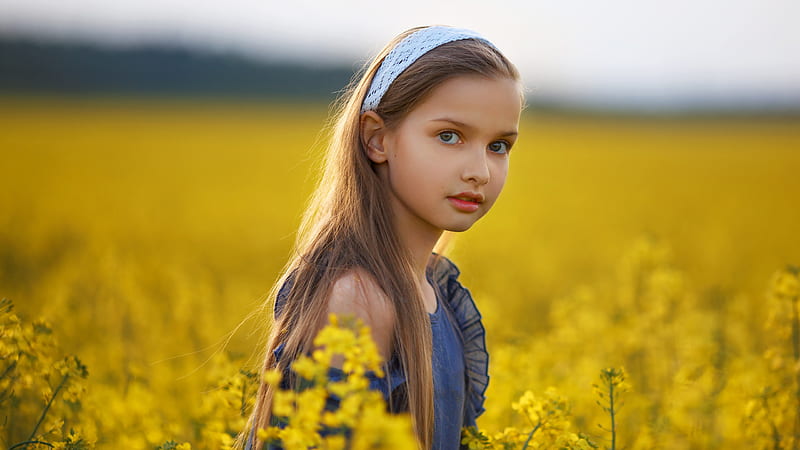 Cute Little Girl Is Sitting In Yellow Flowers Field Wearing Blue Frock Cute, HD wallpaper