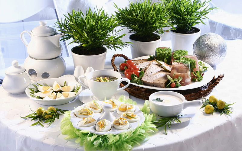 Easter_Dinner, dinner, food, vase, easter, leafs, egg, 3d, cup, white, HD wallpaper
