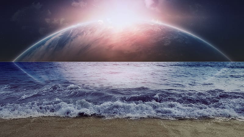 Beach, Ocean, Sci Fi, Wave, Planet Rise, HD wallpaper