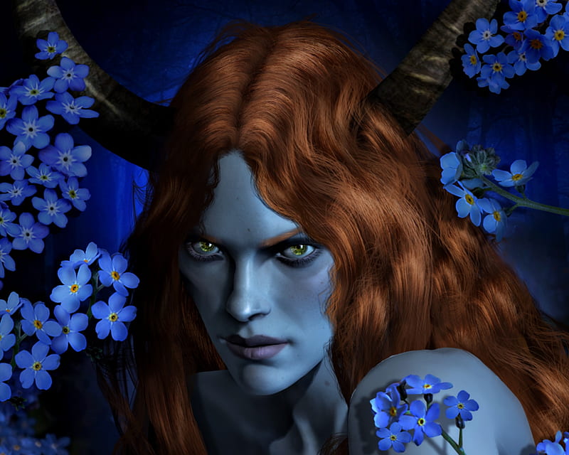 Succubus, art, luminos, redhead, annapostal666, horns, demon, fantasy, girl, flower, blue, HD wallpaper