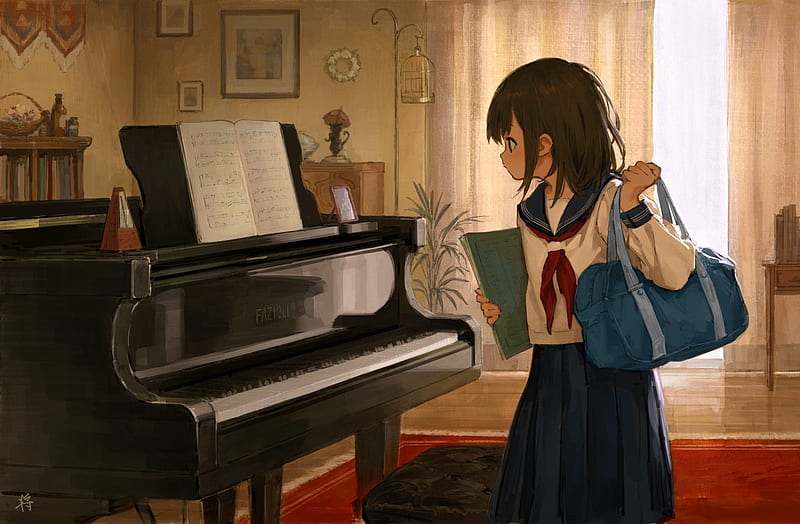 prompthunt: anime key visual, a woman playing the piano with emotion,  perspective piece