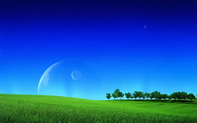 Field of Planets, planets, grass, 3d and cg, space, clouds, landscape, cenario, renderize, nice, fantasy, scenario, beauty, paisage, saturn, hills, art, moons, paysage, cena, sky, abstract, trees, peisaje, panorama, spatial, cool, awesome, hop, white, landscape, field, artistic, gray, bonito, artwork, grasslands, leaves, green, grove, scenery, blue, night, amazing, horizon, view, satellites, colors, leaf, paisagem, nature, meadow, natural, scene, HD wallpaper
