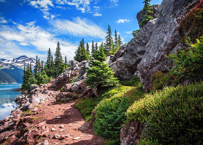 Mountain path, mountain, rocks, water, grass, path, trees, clouds, lake, HD wallpaper
