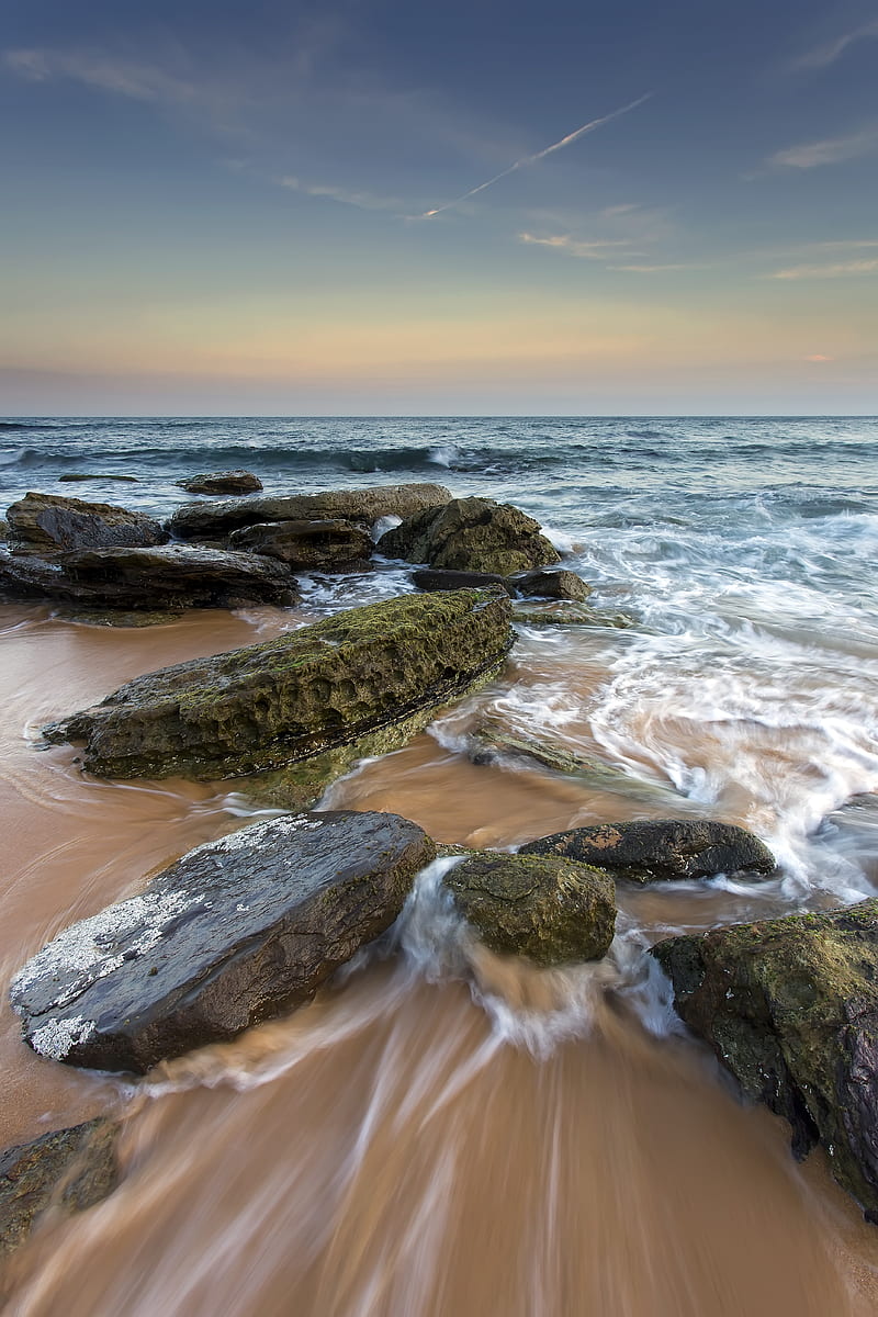 sea, stones, beach, horizon, tide, HD phone wallpaper