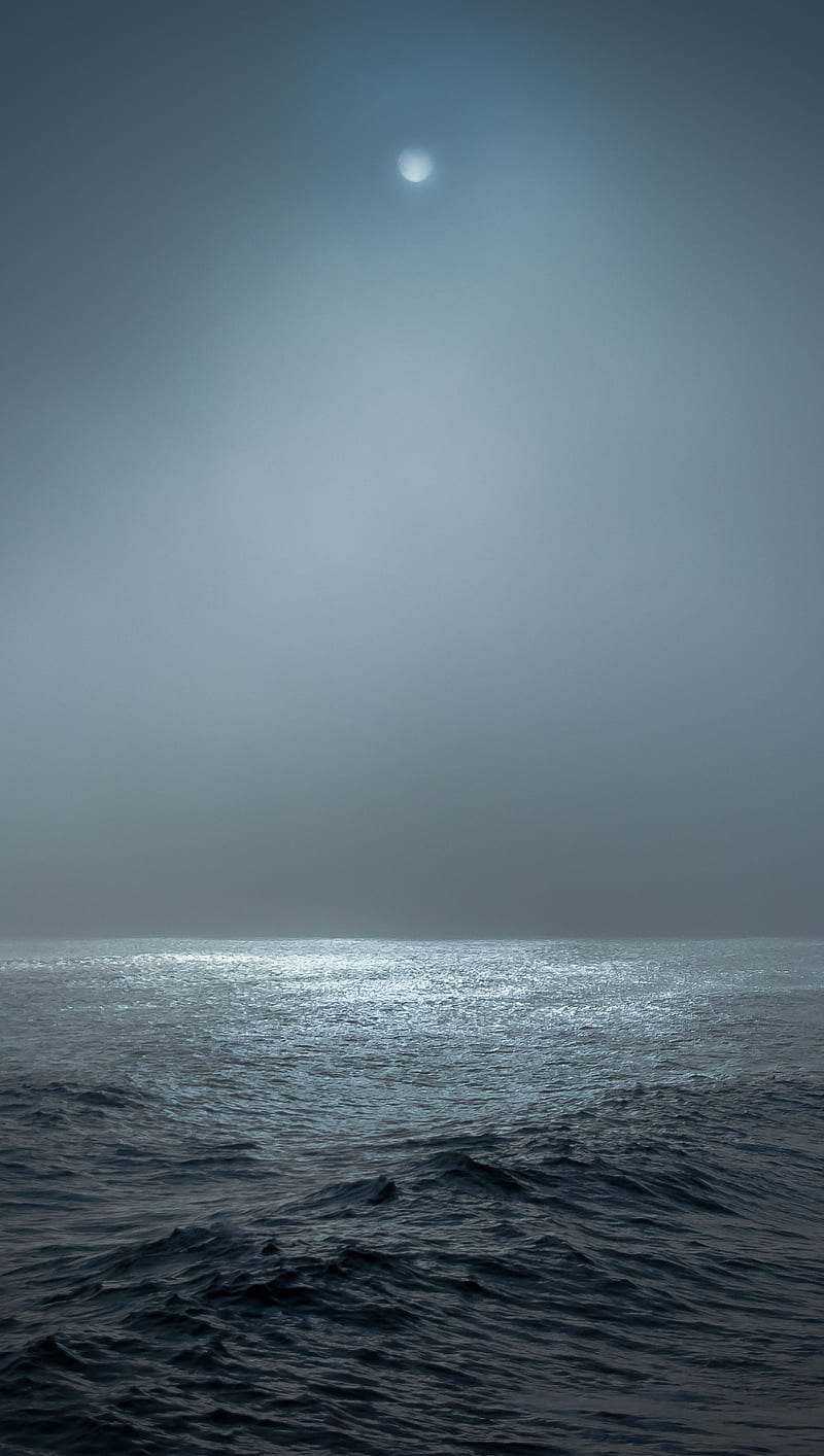 Dim Lit Sun, blue, clean, fog, haze light sea, simple, sun, waves, HD phone wallpaper