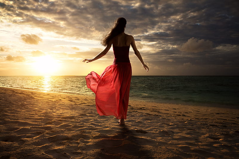 Women Beach Sand Walking Red Dress, dress, red, graphy, beach, sunrise, sunset, sand, HD wallpaper