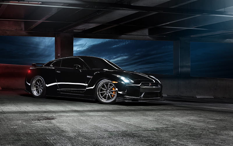 Nissan GT-R, supercars, night, parking, R35, black gtr, nissan, HD wallpaper