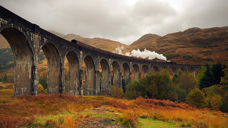 Scotland, train, autumn, smoke, viaduct, bridge, Landscape, HD wallpaper |  Peakpx