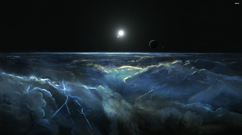 storm clouds above the planet, clound, storm, planet, space, HD wallpaper