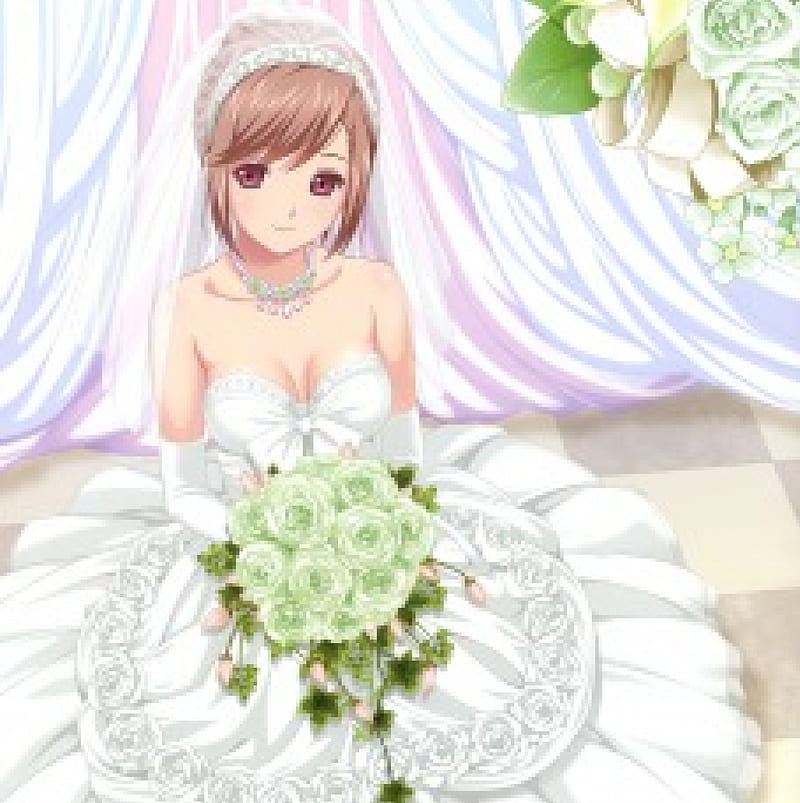 Bride, pretty, blush, adorable, sweet, floral, nice, love, anime, beauty, anime girl, long hair, lovely, romance, gown, happy, sit, blushing, white, maiden dress, divine, shy, bonito, elegant, blossom, t, gorgeous, female, brown hair, smile, wedding, kawaii, girl, bouquet, flower, sitting, lady, angelic, HD phone wallpaper