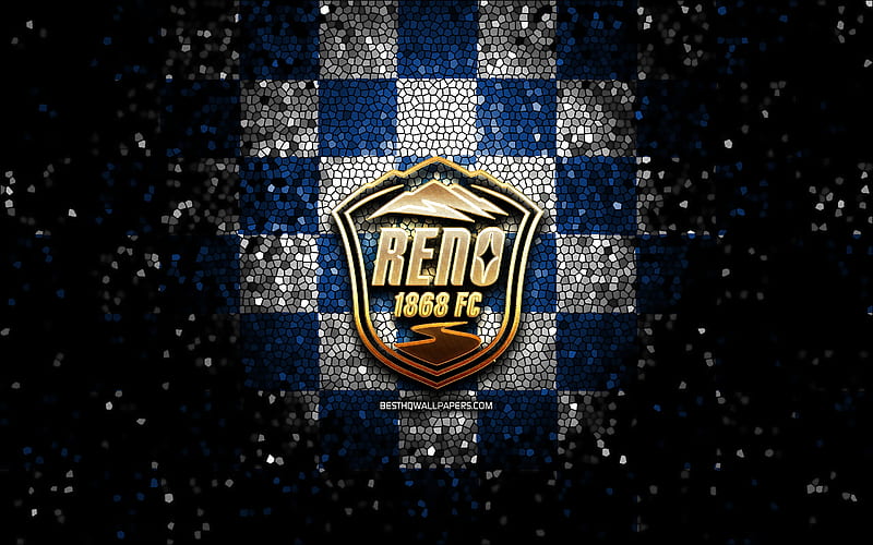 Reno FC, glitter logo, USL, blue white checkered background, USA, american soccer team, FC Reno, United Soccer League, Reno FC logo, mosaic art, soccer, football, America, HD wallpaper