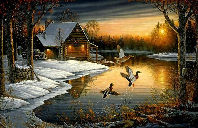 Christmas Cozy, wreath, christmas wreath, christmas, holiday, ducks, sunset, cabin, trees, clouds, lake, winter, snow, car, HD wallpaper