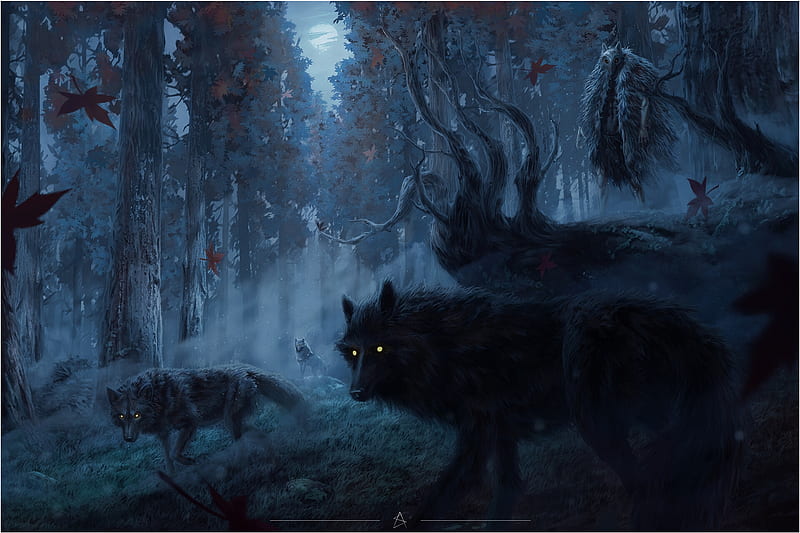 Dark Halloween, andre simoes, art, dark, halloween, black, wolf, night, HD wallpaper
