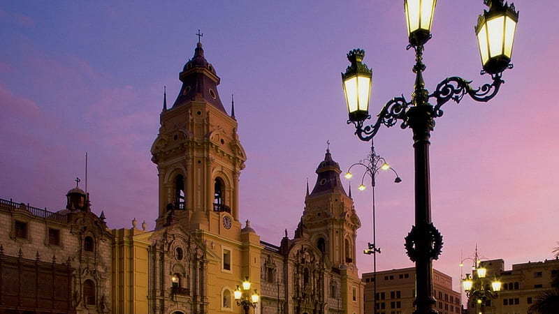 Peru Cathedral, religious, architecture, cathedrals, lampposts, HD wallpaper