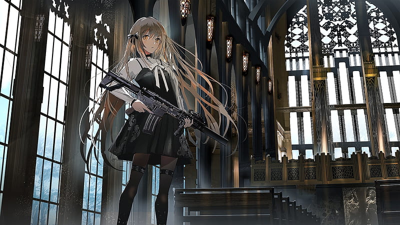 gothic anime girl, weapon, dress, architecture, long hair, Anime, HD wallpaper