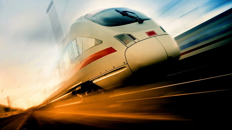 speeding train, high speed, sunshine, train, tracks, HD wallpaper