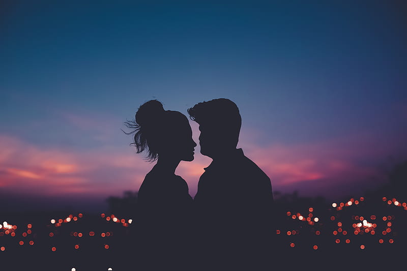 lovely couple silhouette, bokeh, romance, sunset, dusk, cute, HD wallpaper