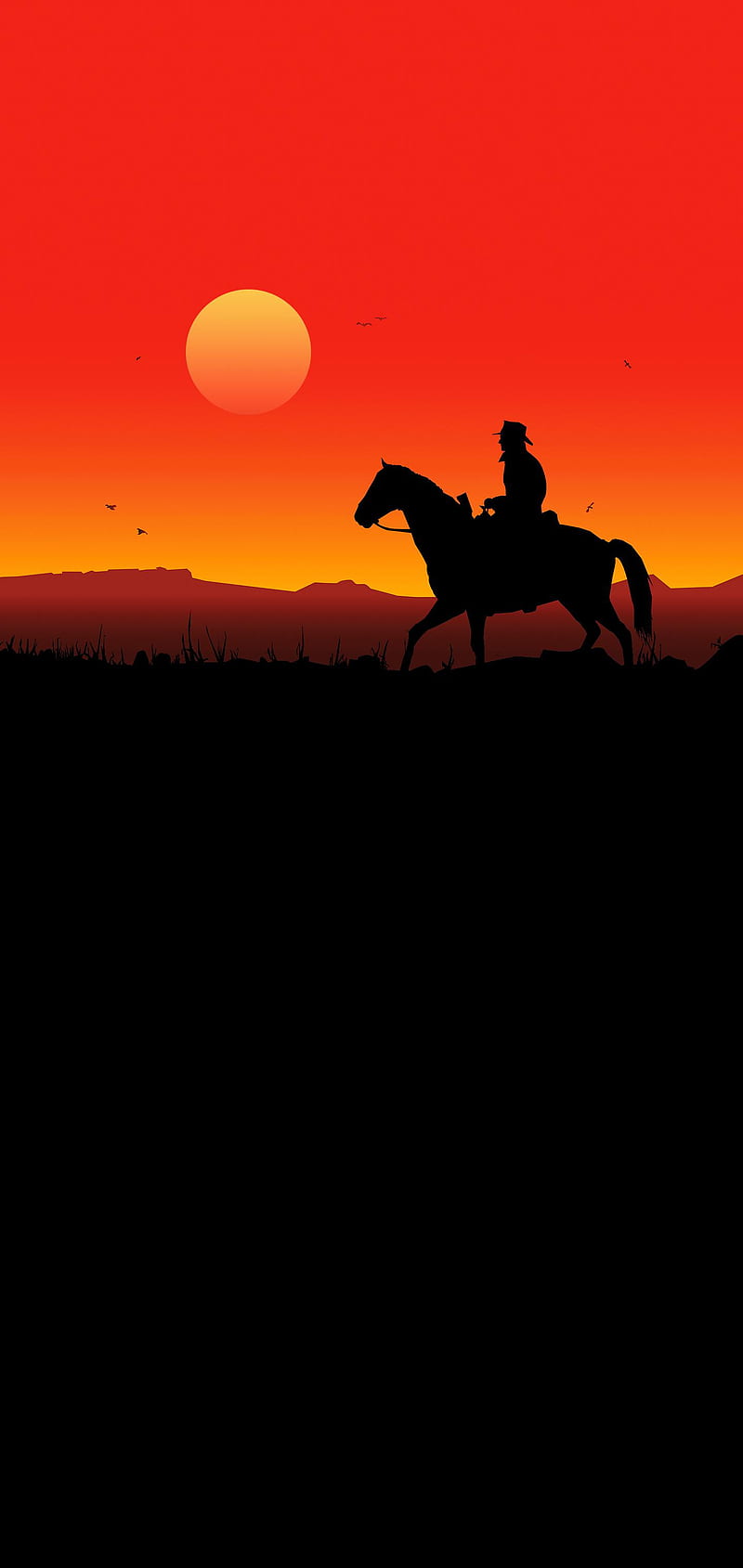 Cowboy Sunset, amoled, black, cowboy, dark, horse, rdr, rdr2, red, red dead, sunset, HD phone wallpaper