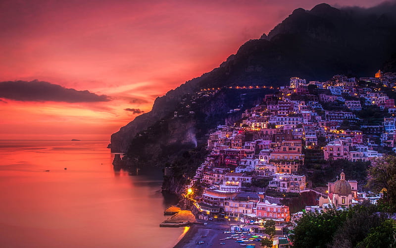 sunset, town, positano, sea, evening, mountain, italy, HD wallpaper