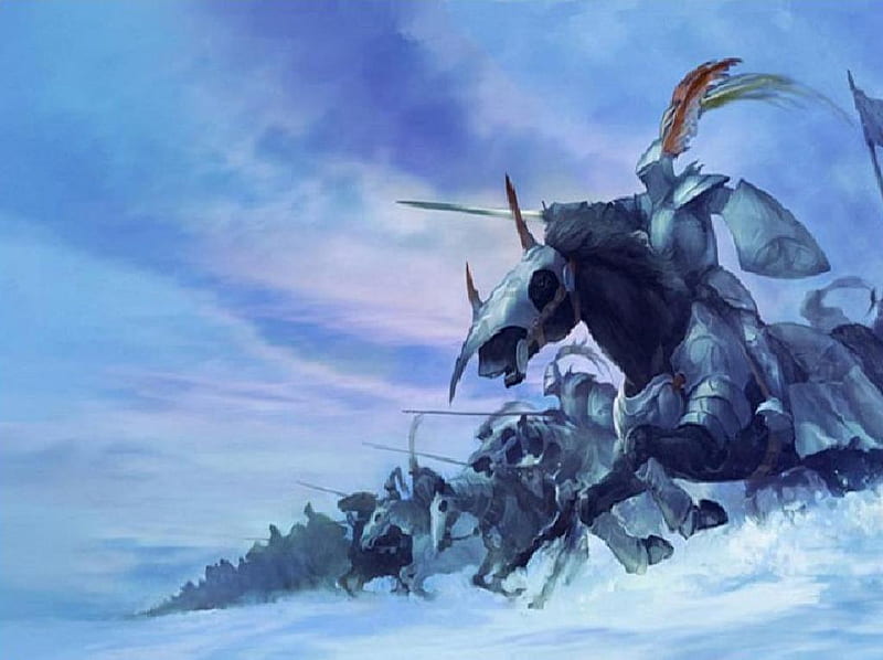 Winter Knights, battle, snow, knights, horses, blue, HD wallpaper