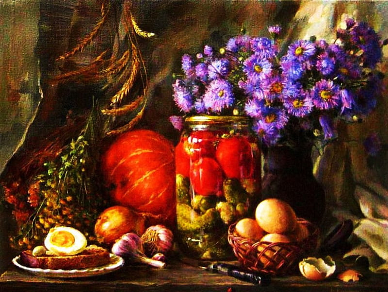 Still Life, arrangement, flowers, foodstuff, fruits, HD wallpaper